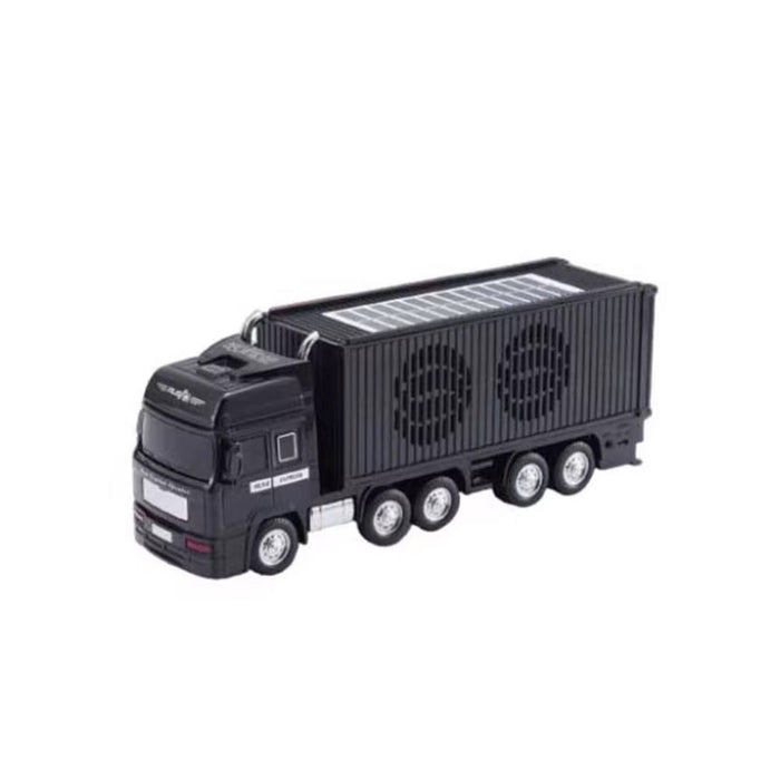 Black toy truck with a container on a white background