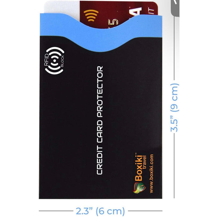 Black credit card protector with measurement details on a white background