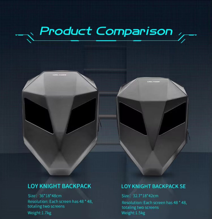 Two backpacks labeled 'LOY KNIGHT BACKPACK' and 'LOY KNIGHT BACKPACK SE' on a dark background with product comparison text.