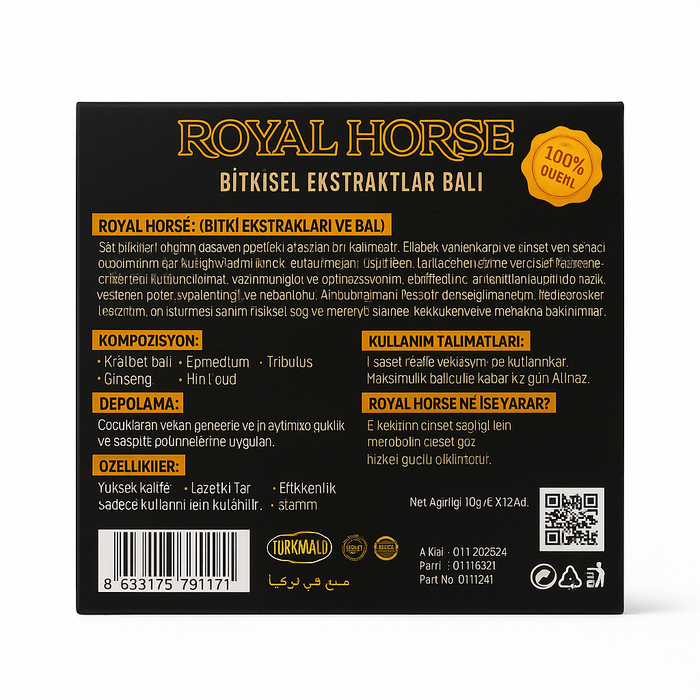 Back of a Royal Horse product packaging with text and branding on a white background