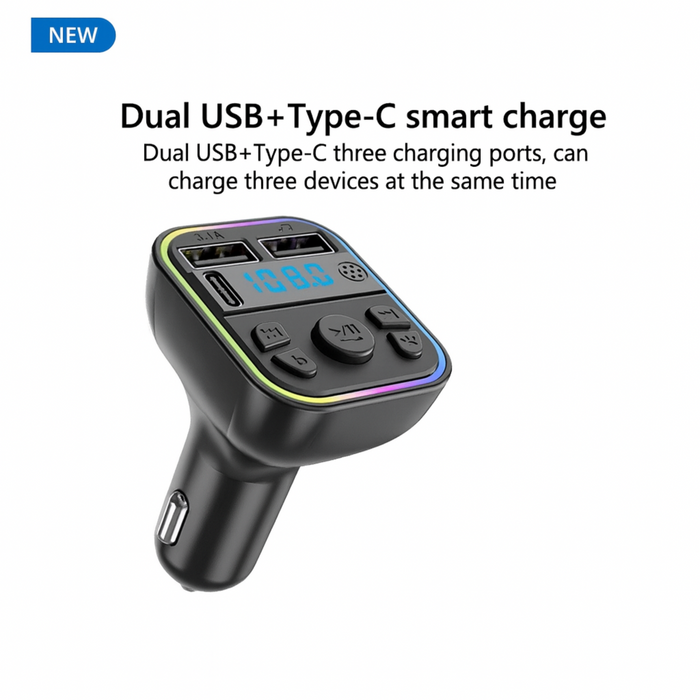 Car FM Wireless MP3 Player with Dual USB + Type-C Charging, Bluetooth 5.0 & LED Display