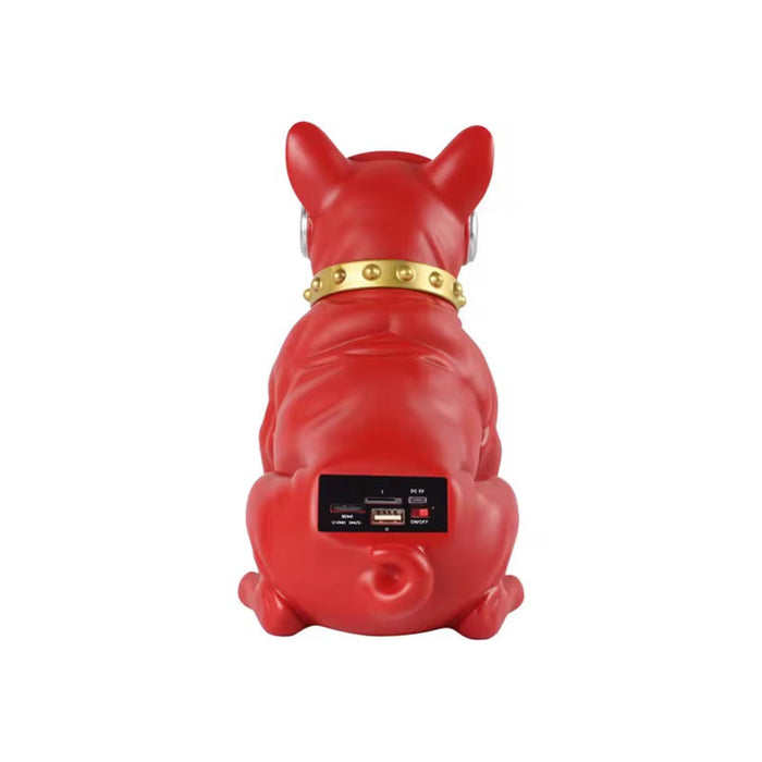 Red dog-shaped speaker with a gold collar on a white background