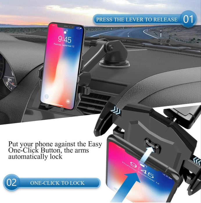 Car phone holder with smartphone display on a dashboard, showing features like one-click locking.