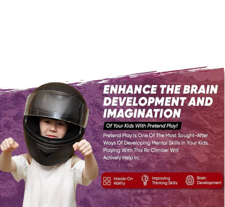 Child wearing a helmet with promotional text about enhancing brain development and imagination through pretend play.