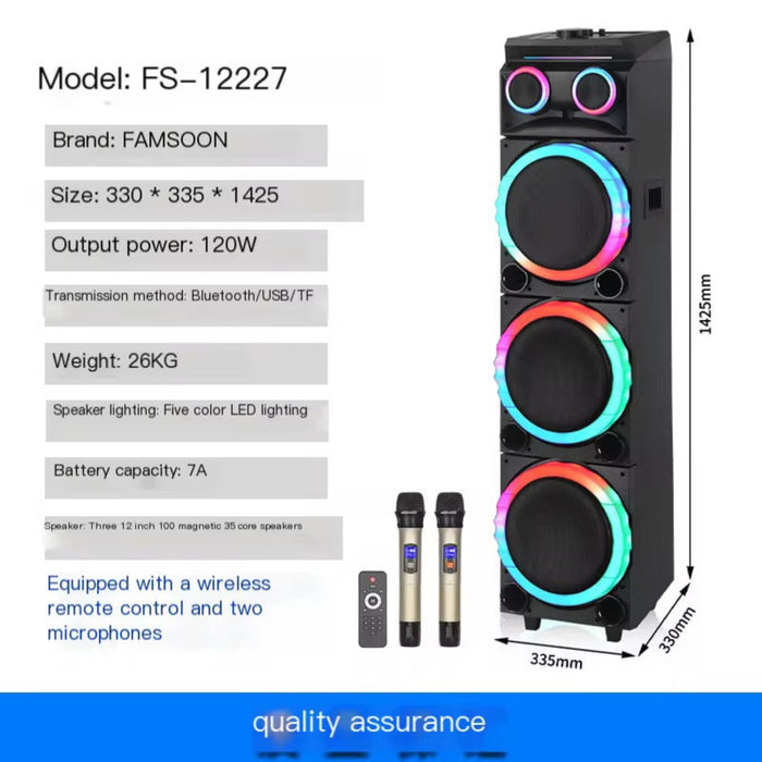 FAMSOON FS-12227 speaker with RGB lighting, remote control, and microphones on a white background