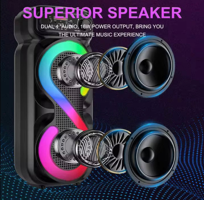 Speaker with RGB lighting and text about superior speaker quality on a dark background