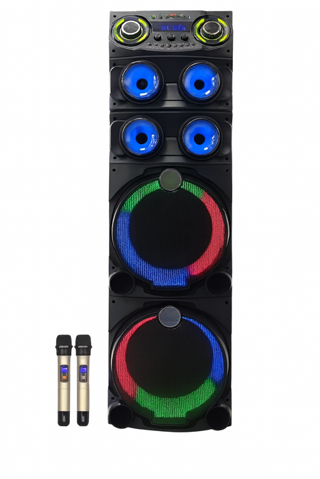 Large black speaker with colorful LED lights and two microphones on a white background