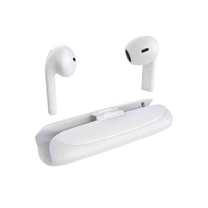 White wireless earbuds with charging case on a white background