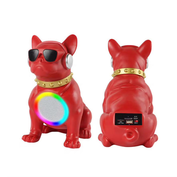Red dog-shaped speaker with sunglasses and a gold collar, showing front and back views on a white background.