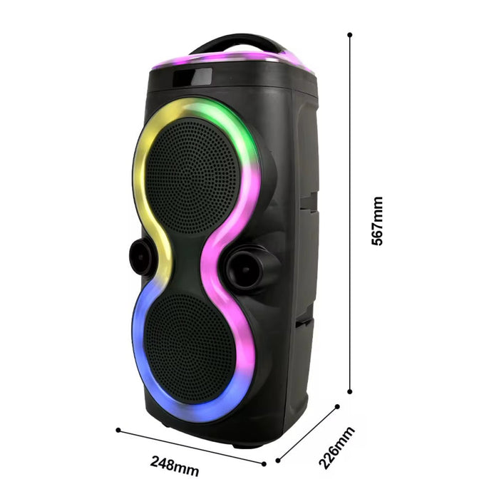 Black portable speaker with colorful LED lights and dimensions on a white background
