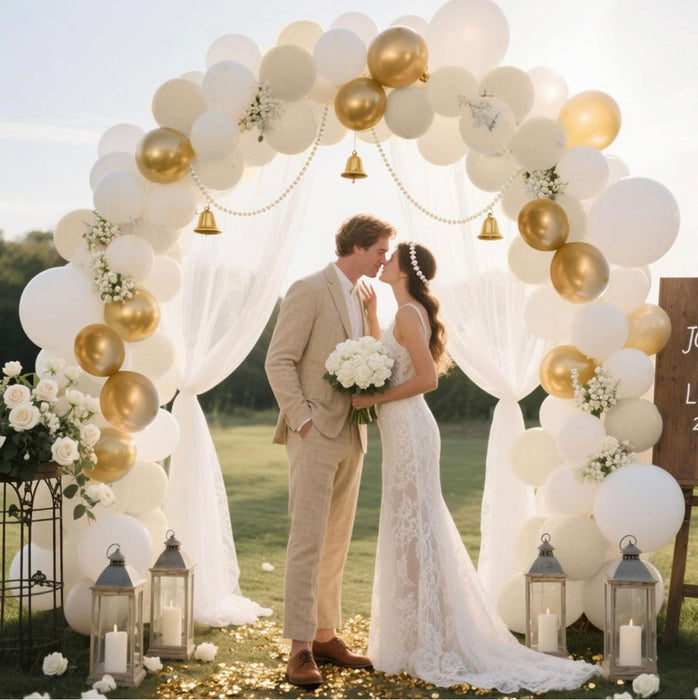 Wedding couple standing under a balloon arch with white and gold balloons, lanterns, and flowers.
