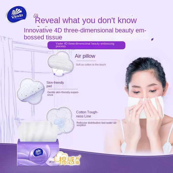 Vinda tissue packaging with a woman using tissue, featuring text about 4D beauty embossed tissue.