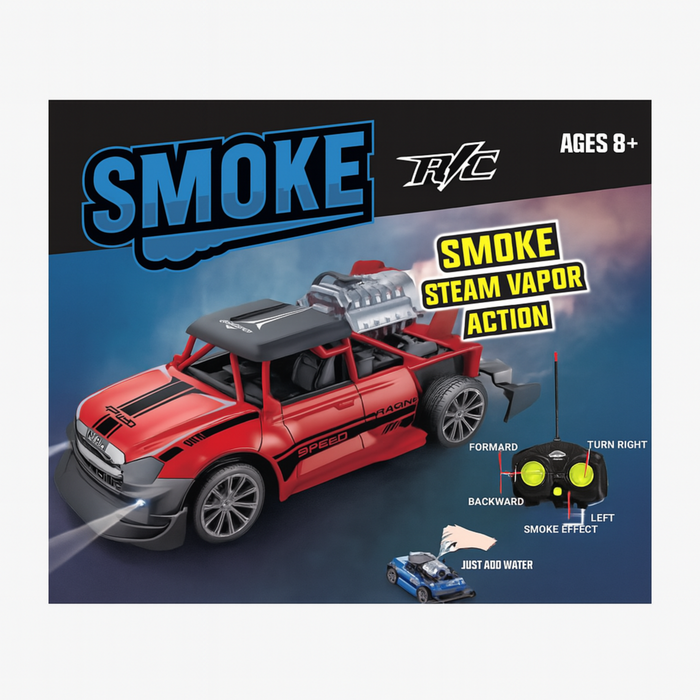 Toy car with remote control on a Smoke RC packaging