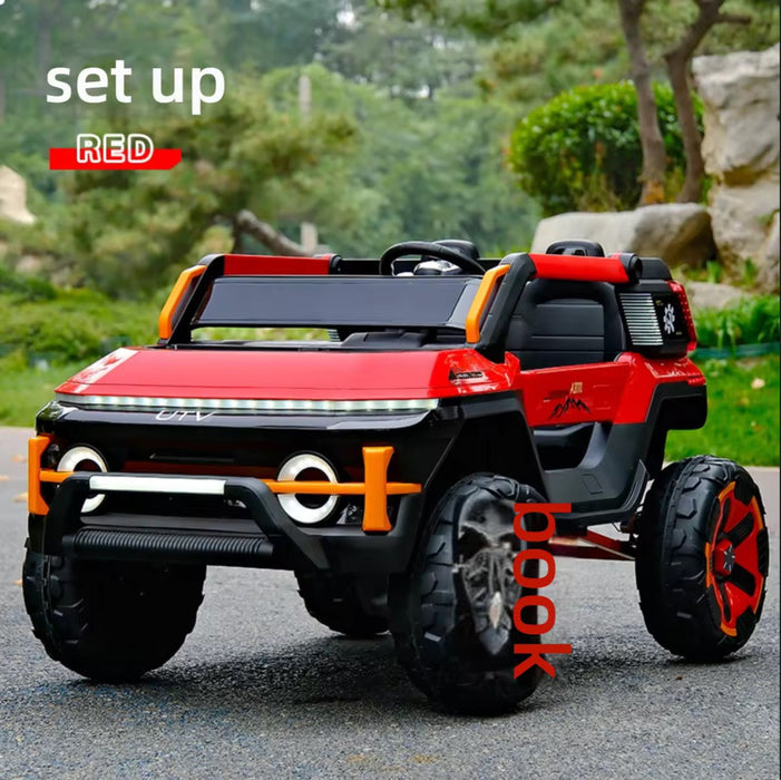 Red and black toy truck with orange accents on a road