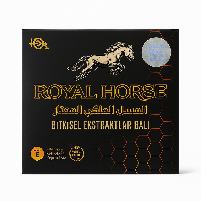 Royal Horse product packaging with horse illustration and text on a black background