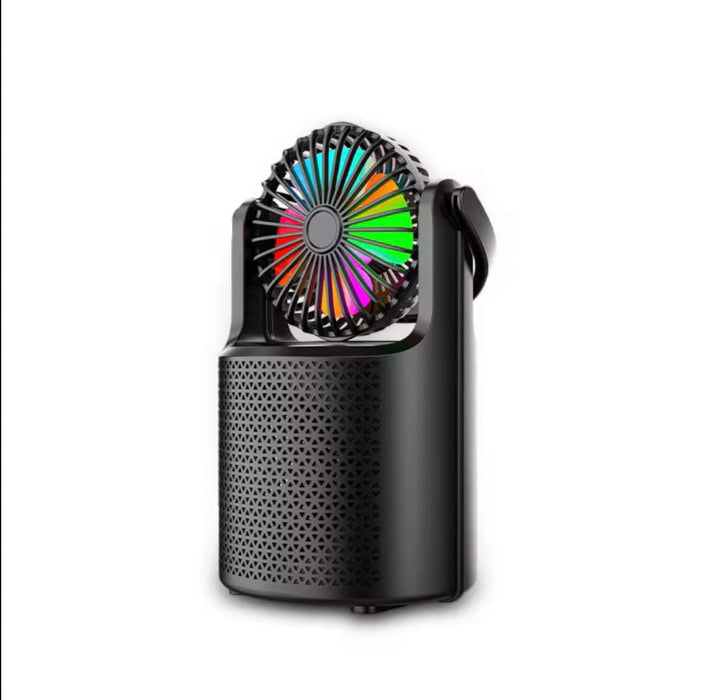 Black portable fan with colorful blades on a white background