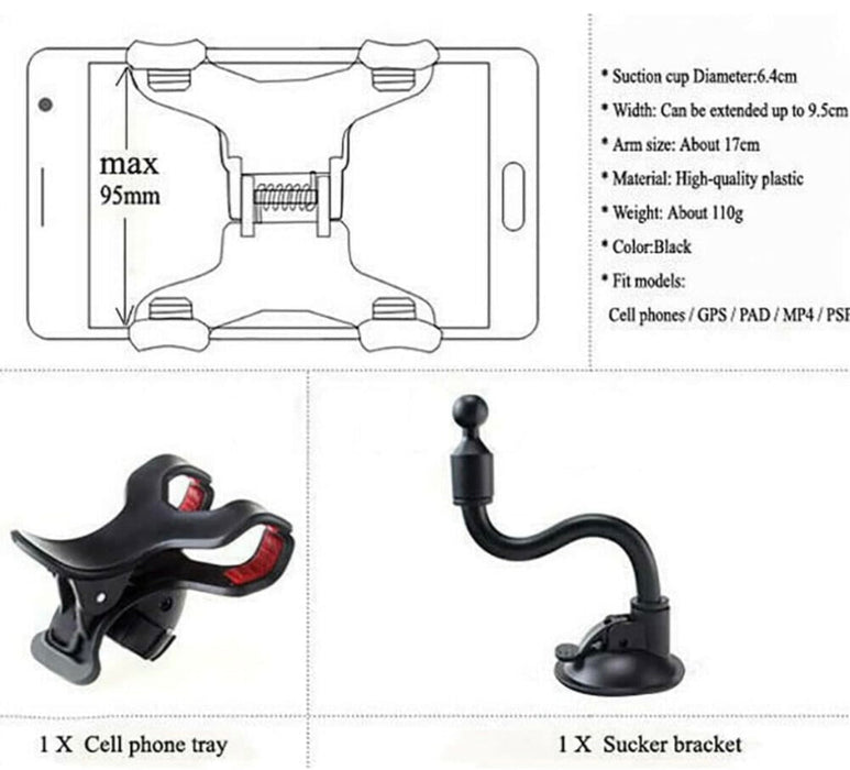 Phone holder with suction cup and arm extension, featuring product details on a white background.