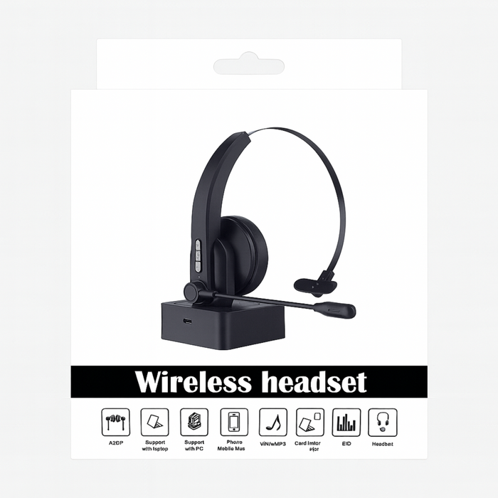 Wireless Mono Bluetooth Headset with Charging Dock and Mic – Noise Cancelling