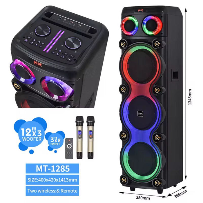 Black portable speaker with colorful LED lights, remote control, and microphones on a white background.