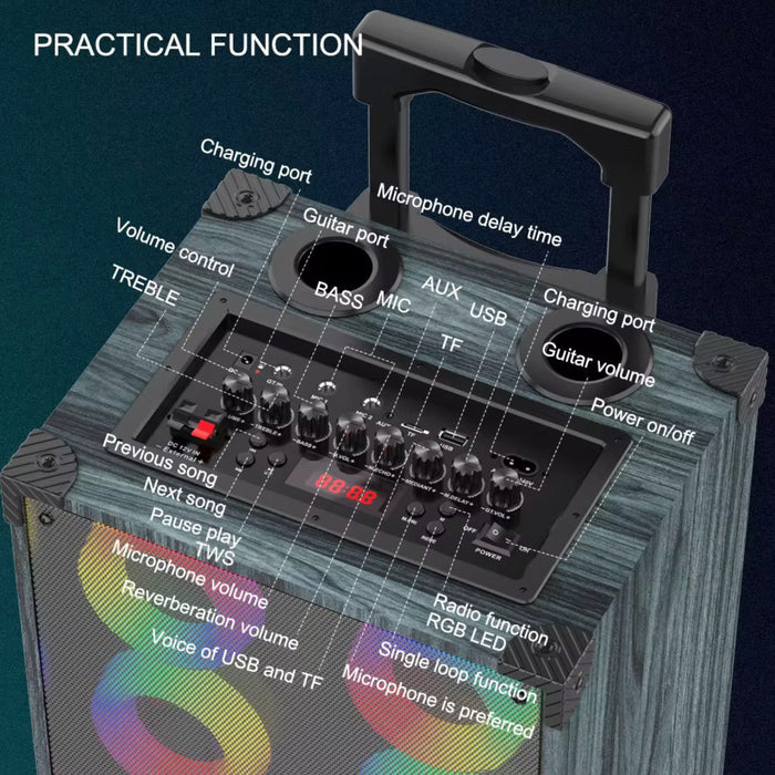 Portable audio amplifier with labeled features on a dark background