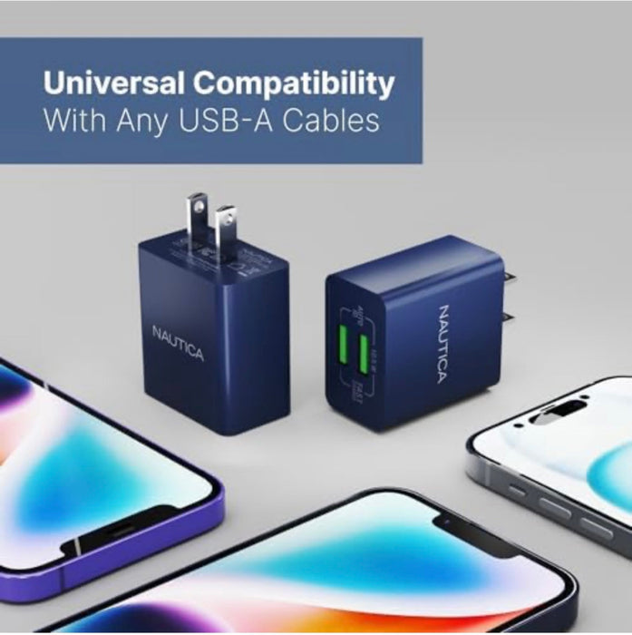 Nautica Dual Port USB Wall Charger – 2.1A, Dual USB-A Output, 10.5W – Universal Compatibility
