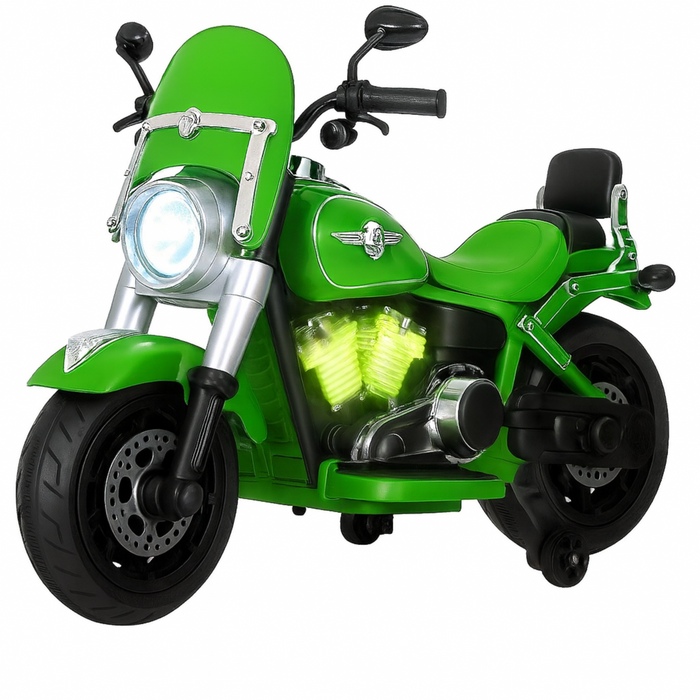 Green toy motorcycle with glowing elements on a white background