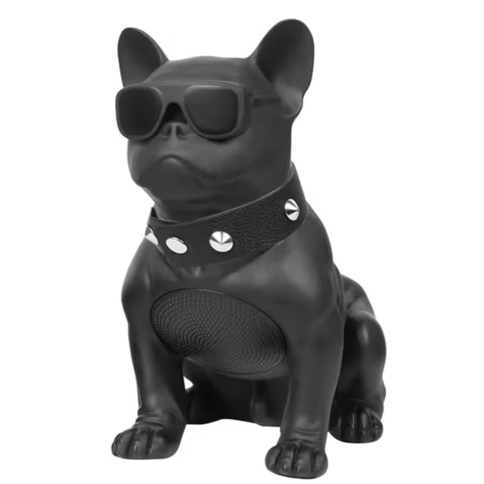 Black dog-shaped speaker with sunglasses and a studded collar on a white background