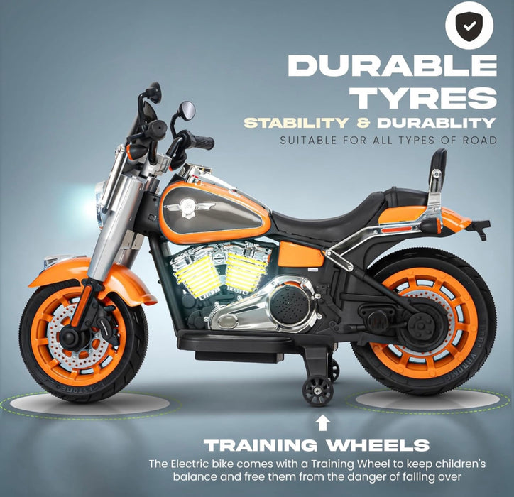 Children's electric bike with durable tyres and training wheels on a gray background