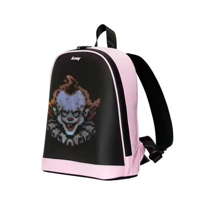 Backpack with a digital display of a clown design on a white background