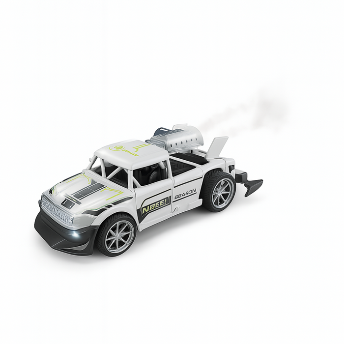 Toy car with a white body and black wheels on a white background