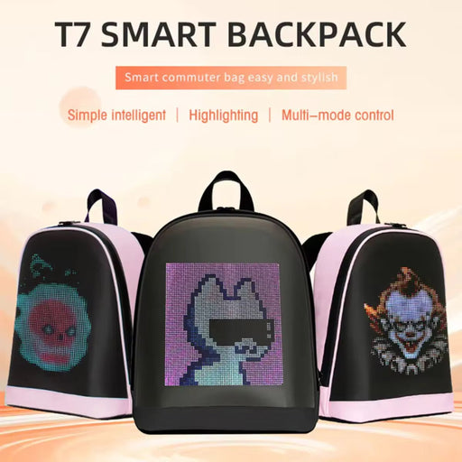 T7 Smart Backpack with digital display on a gradient background