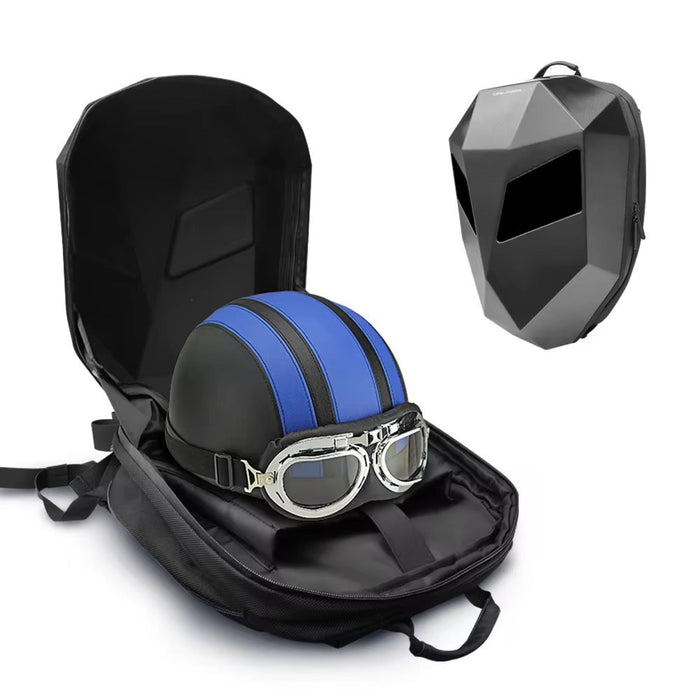 Black backpack with a helmet and goggles on a white background
