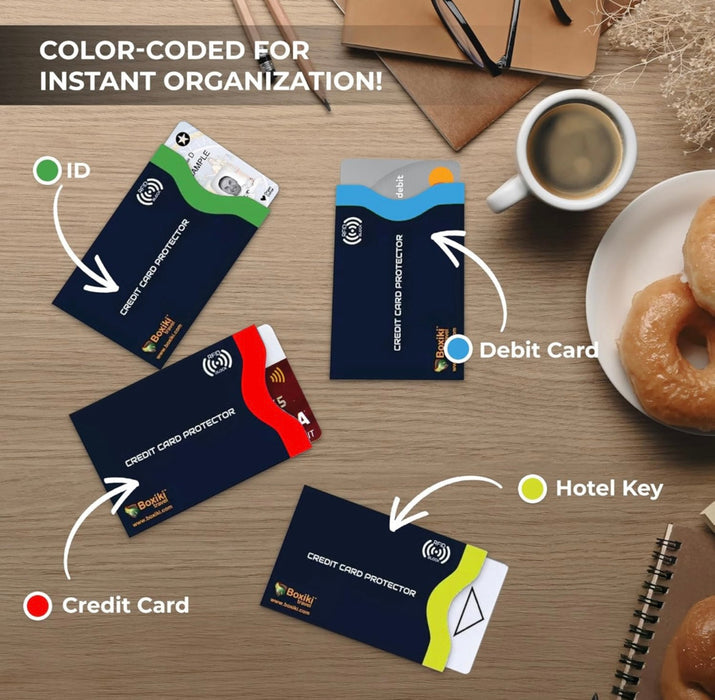 Color-coded card protectors on a table with coffee and donuts
