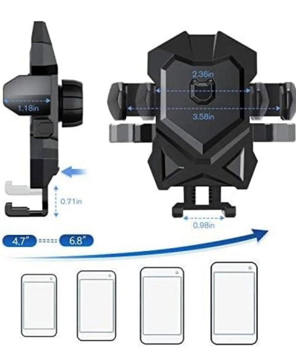 Black phone holder with measurement details on a white background
