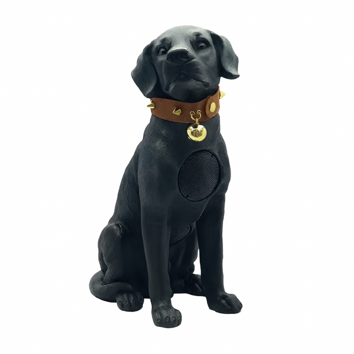 Black dog figurine with a brown collar on a white background