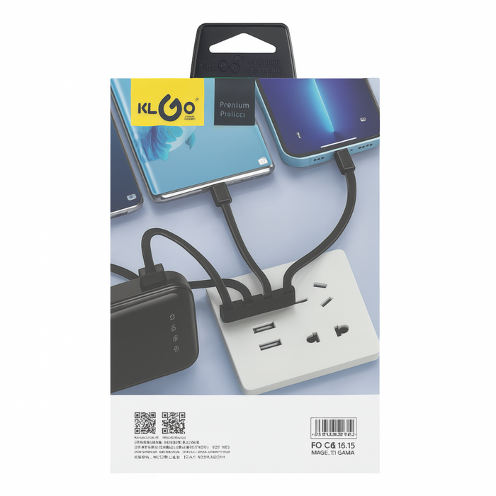 Packaging of a power strip with multiple outlets and USB ports, featuring the KL GO brand.
