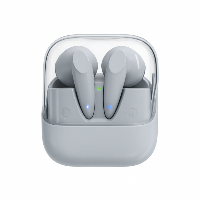 Wireless earbuds in a transparent charging case on a white background