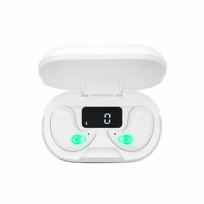 White electronic device with digital display and green indicator lights on a white background