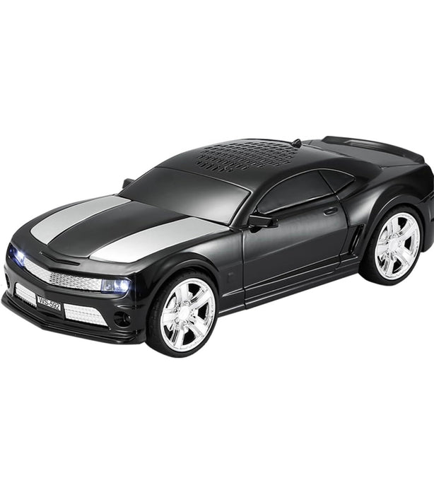 Black toy car with white stripes on a white background