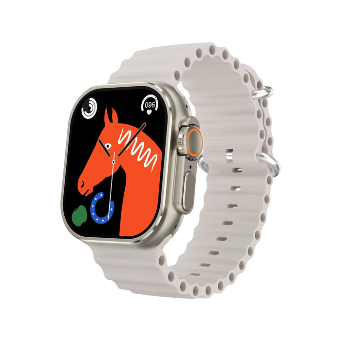 Smartwatch with a white band displaying an orange horse illustration on a black background.