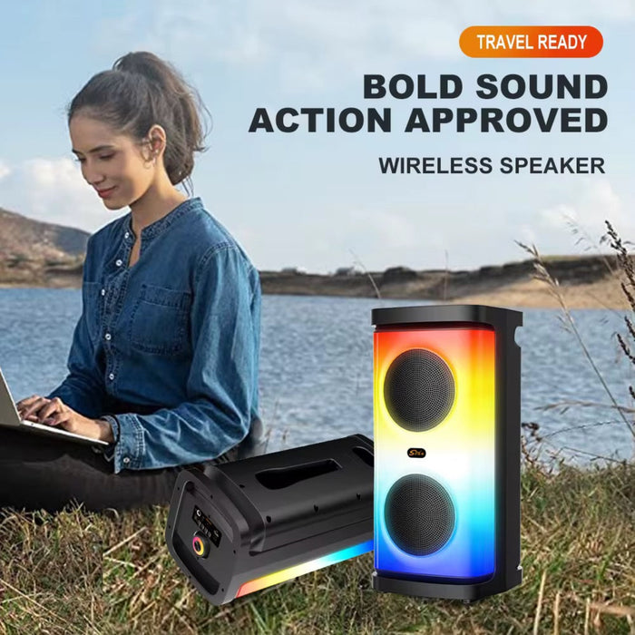 Outdoor Portable Smart Speaker – 4” Dual Speaker with LED Lights, Bluetooth 5.0, FM, USB, T-Flash, AUX, Microphone & Rechargeable Battery