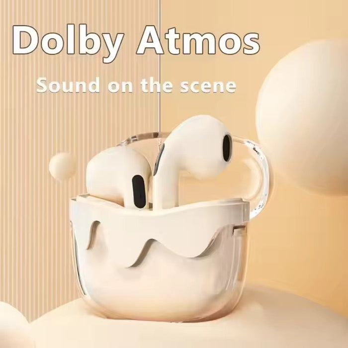 Wireless earbuds in a charging case with 'Dolby Atmos' text on a beige background