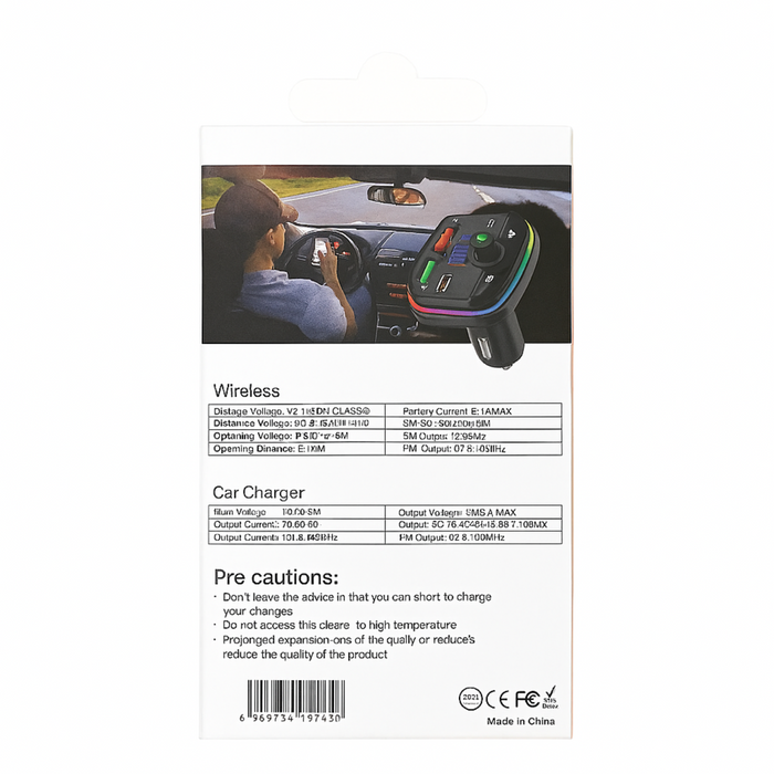 Car charger packaging with a person using a phone in the driver's seat.