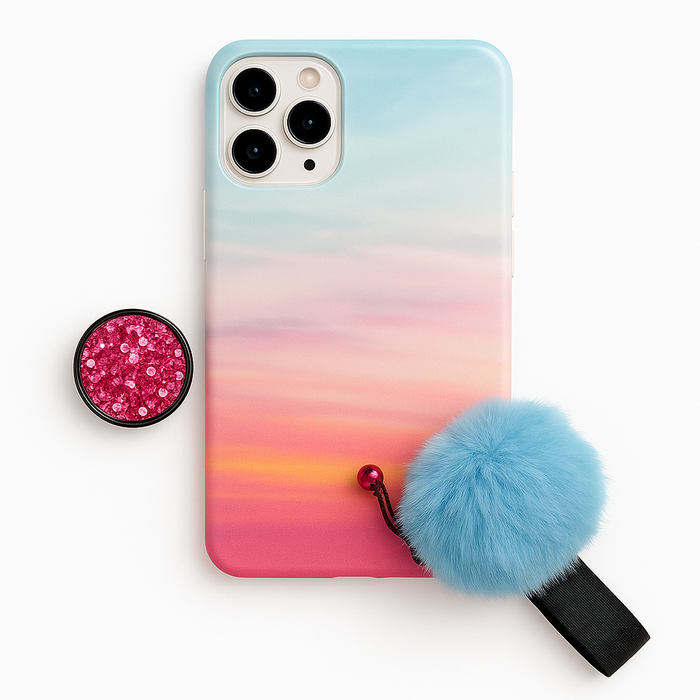 Blue Marble Case with Teal PopSocket & Blue Pom-Pom – iPhone 11 Pro Max
