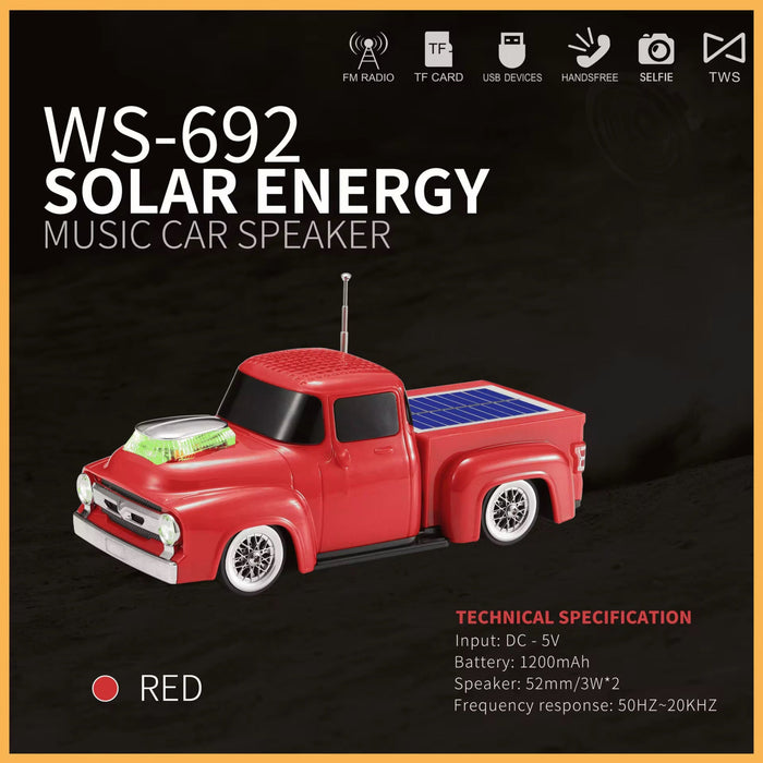 Red truck-shaped solar energy music speaker with features listed on a dark background