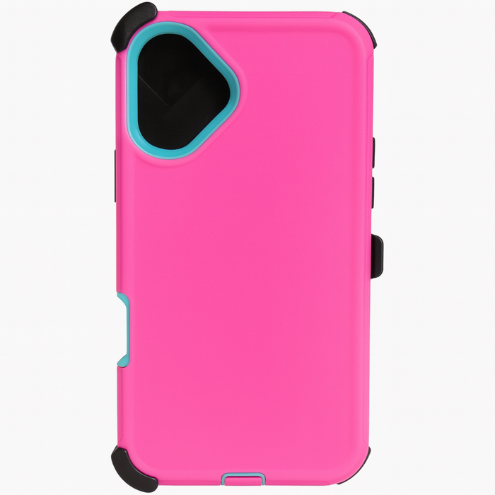 Pink phone case with black and blue accents on a white background