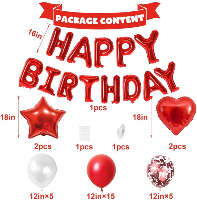 Package content list for birthday balloons with dimensions and quantities on a white background.