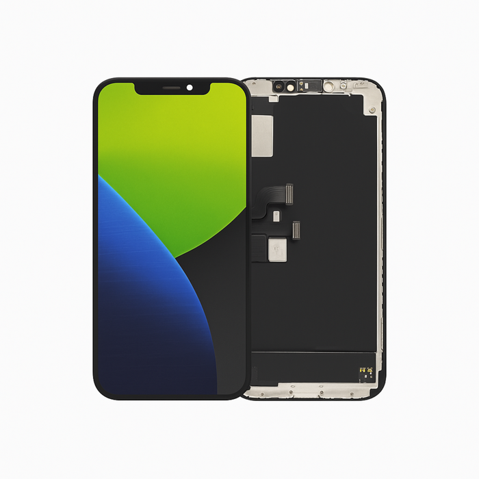 Phone screen and back assembly on a white background