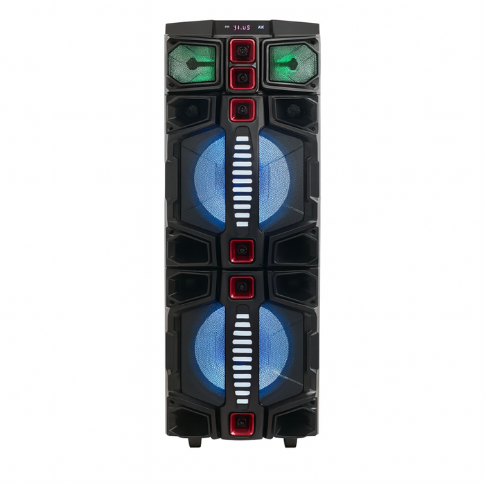 Black speaker with blue and green lights on a white background