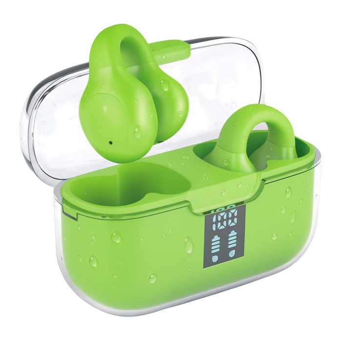 Green wireless earbuds with charging case on a white background